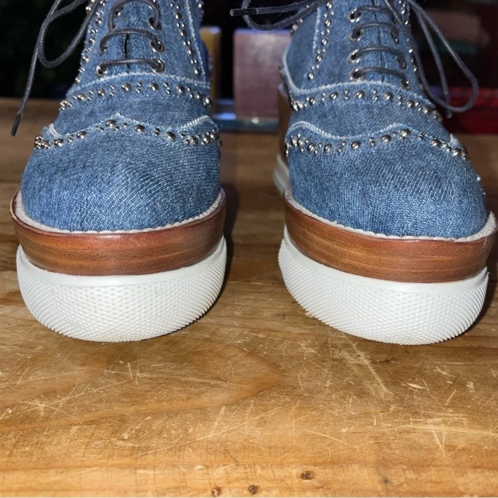 Miu Miu RARE DENIM PLATFORM Studded Wingtip Oxfords SNEAKERS  SHOES 7.5